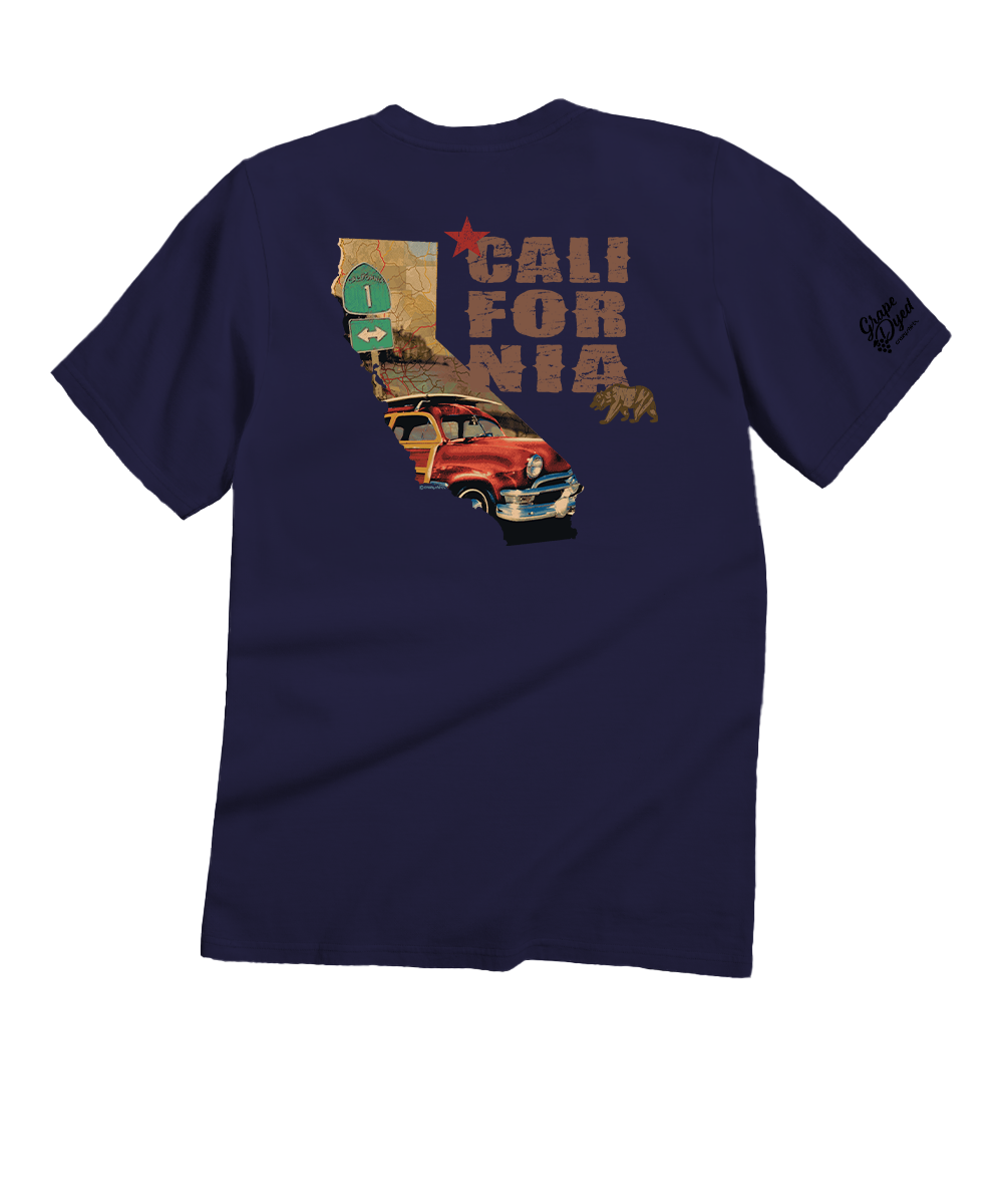 Purple t-shirt with California-themed graphic on a white background View 1