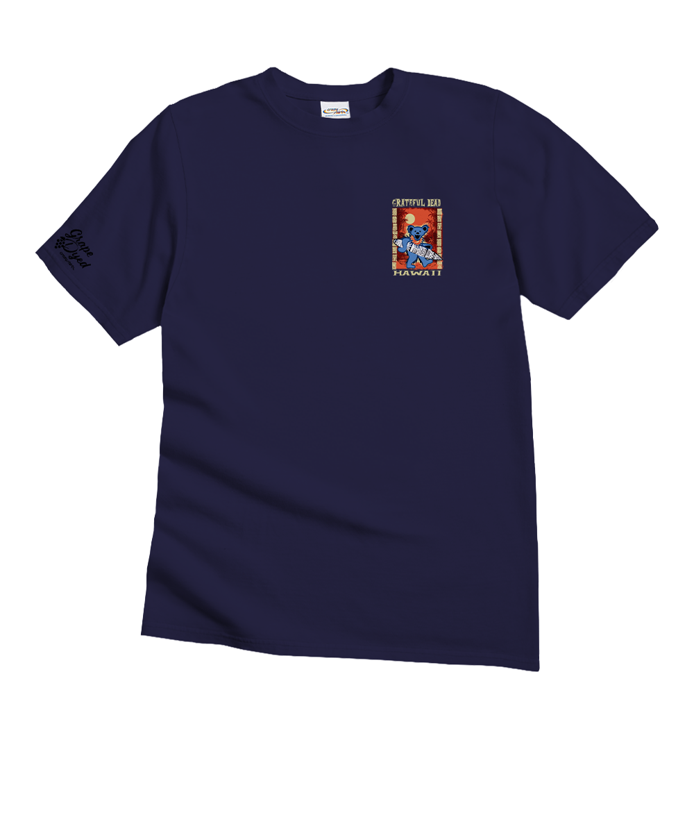 Purple t-shirt with a graphic design on the pocket against a white background View 4