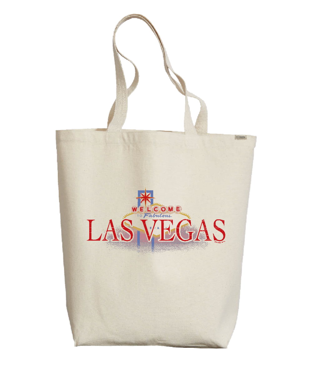 Beige tote bag with 'Welcome to Fabulous Las Vegas' text on a white background View 1