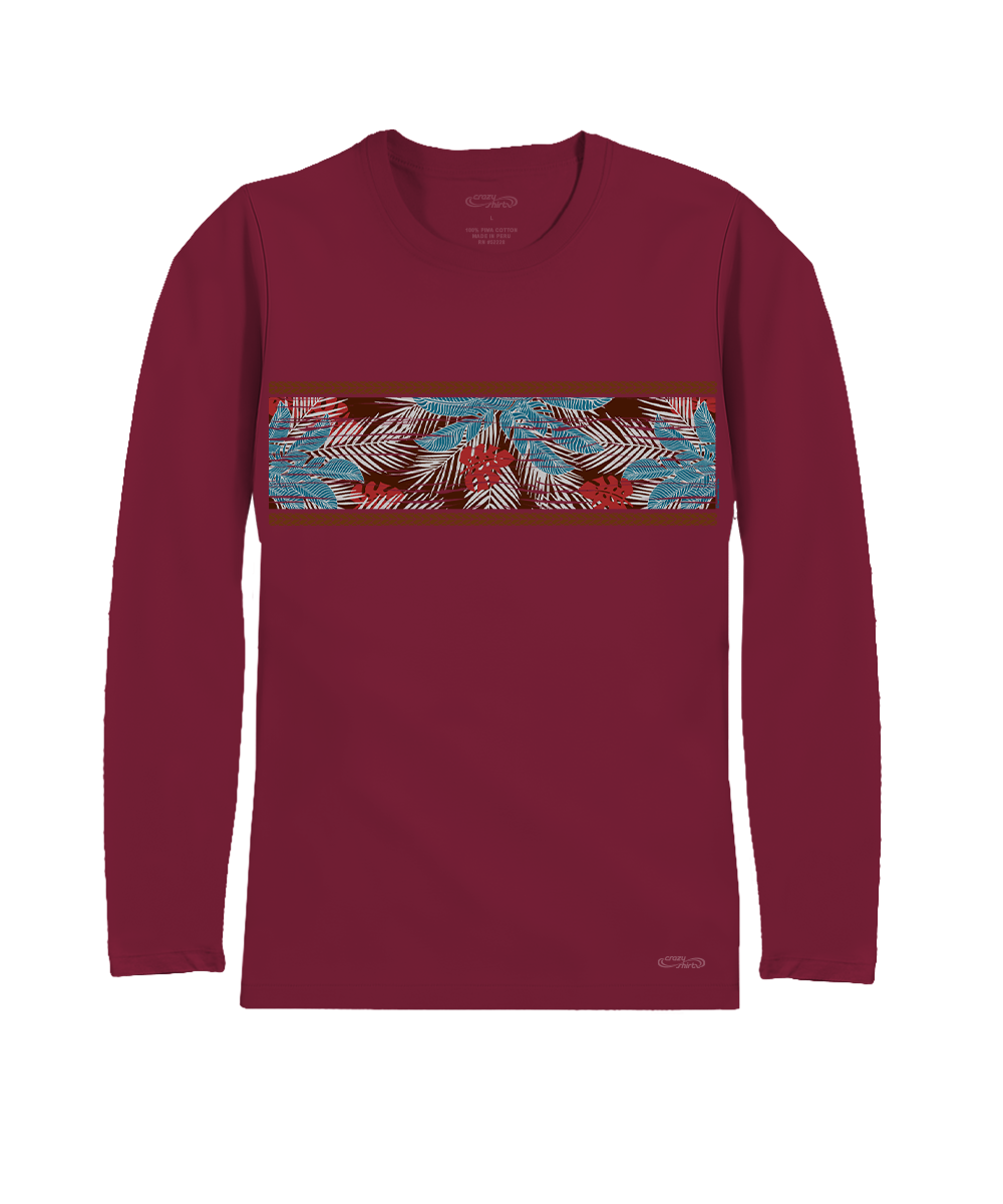 Dark red long-sleeve shirt with a colorful floral band on a white background View 1