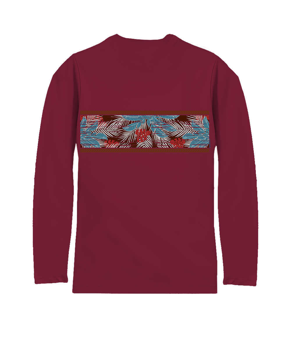 Dark red long-sleeve shirt with a colorful pocket design on a white background View 4
