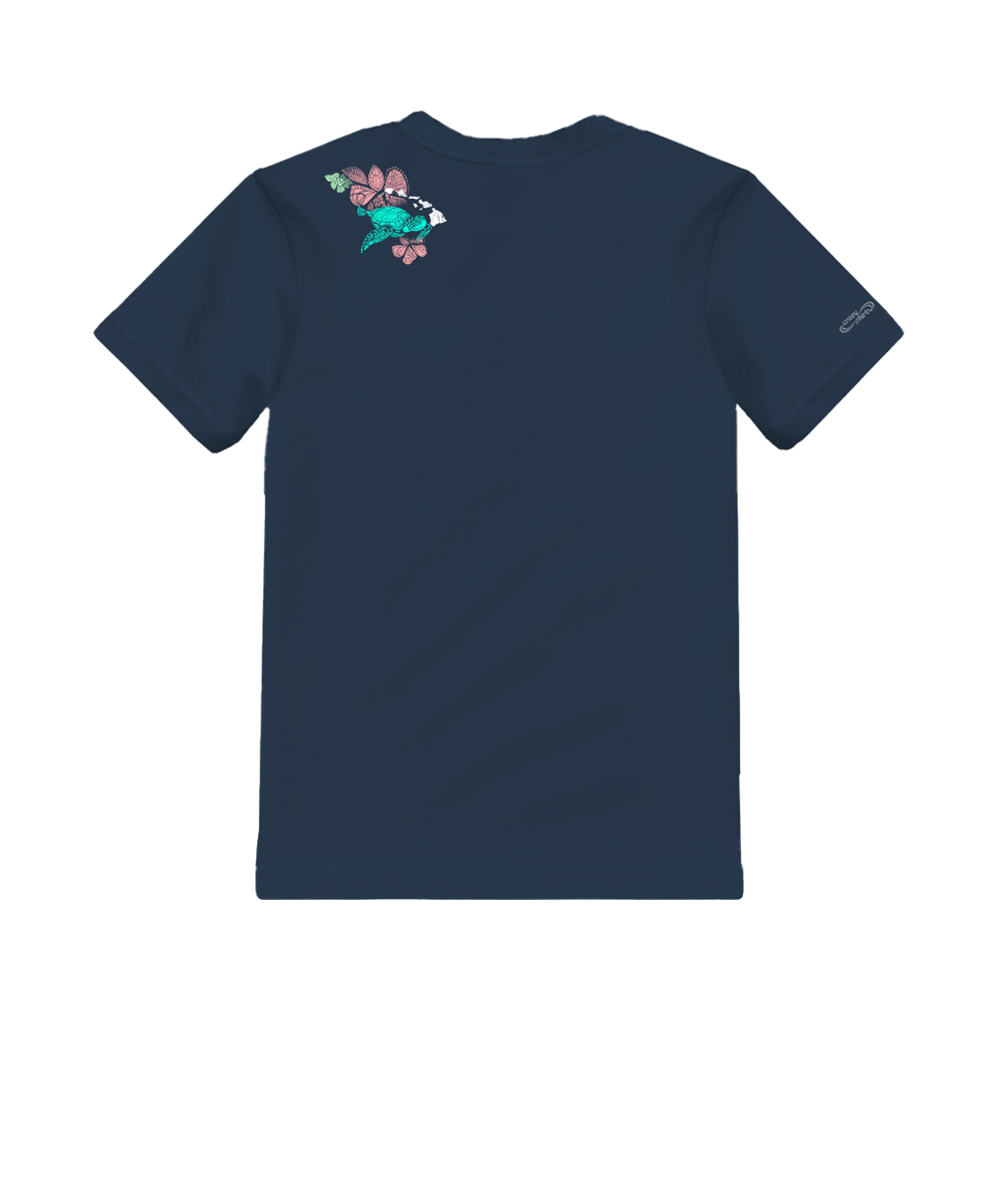 Navy blue t-shirt with a graphic design on the back against a white background View 4