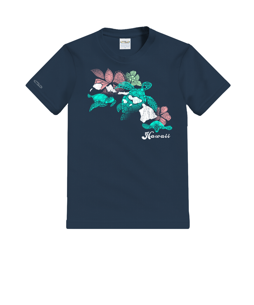 Navy blue t-shirt with floral design and 'Hawaii' text on a white background View 1