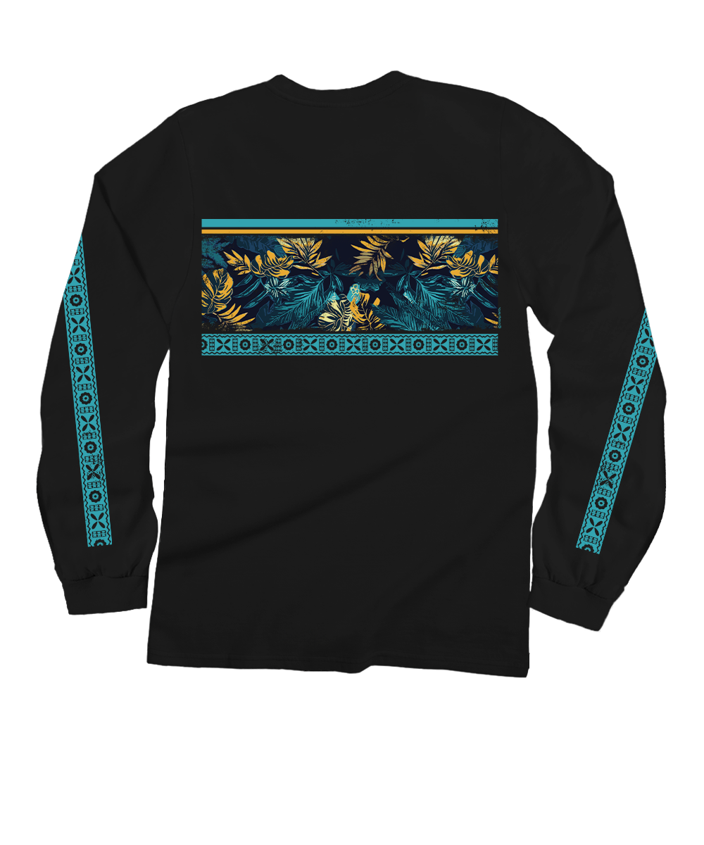 Black long-sleeve shirt with floral design and geometric patterns on a white background View 4