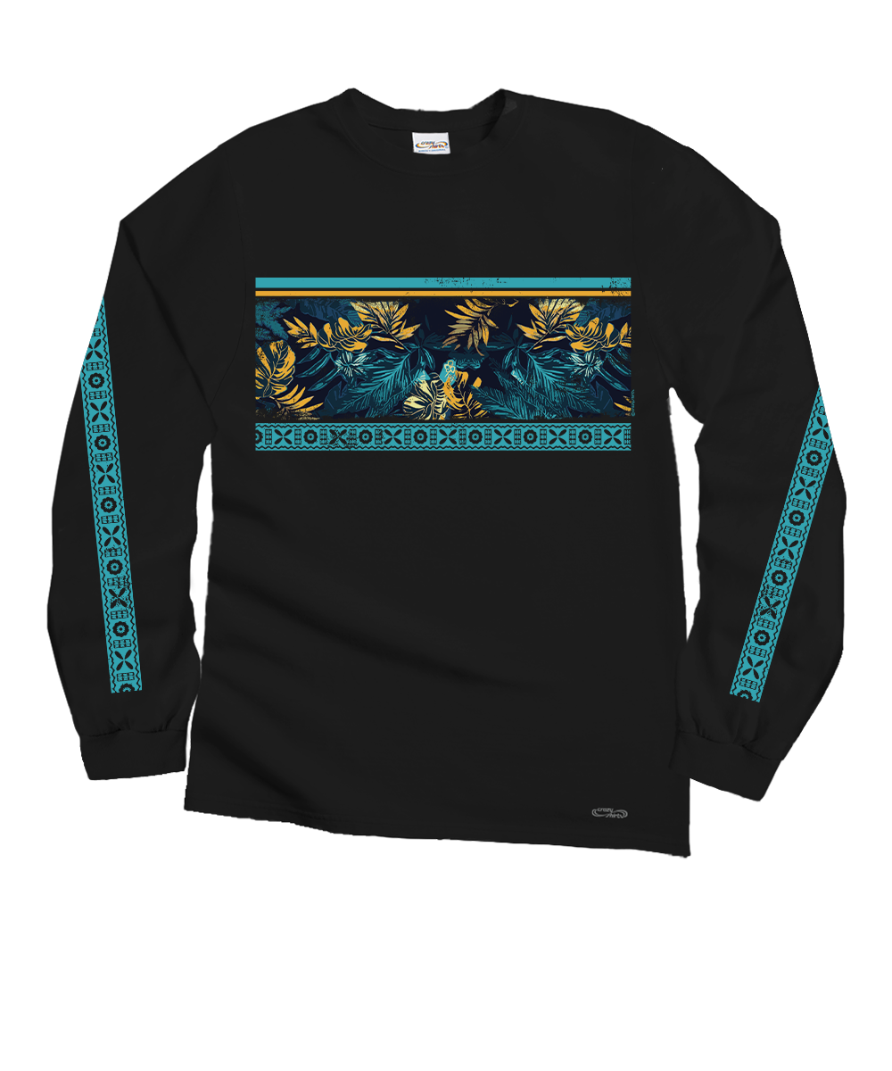 Black long-sleeve shirt with floral design and geometric patterns on a white background View 1
