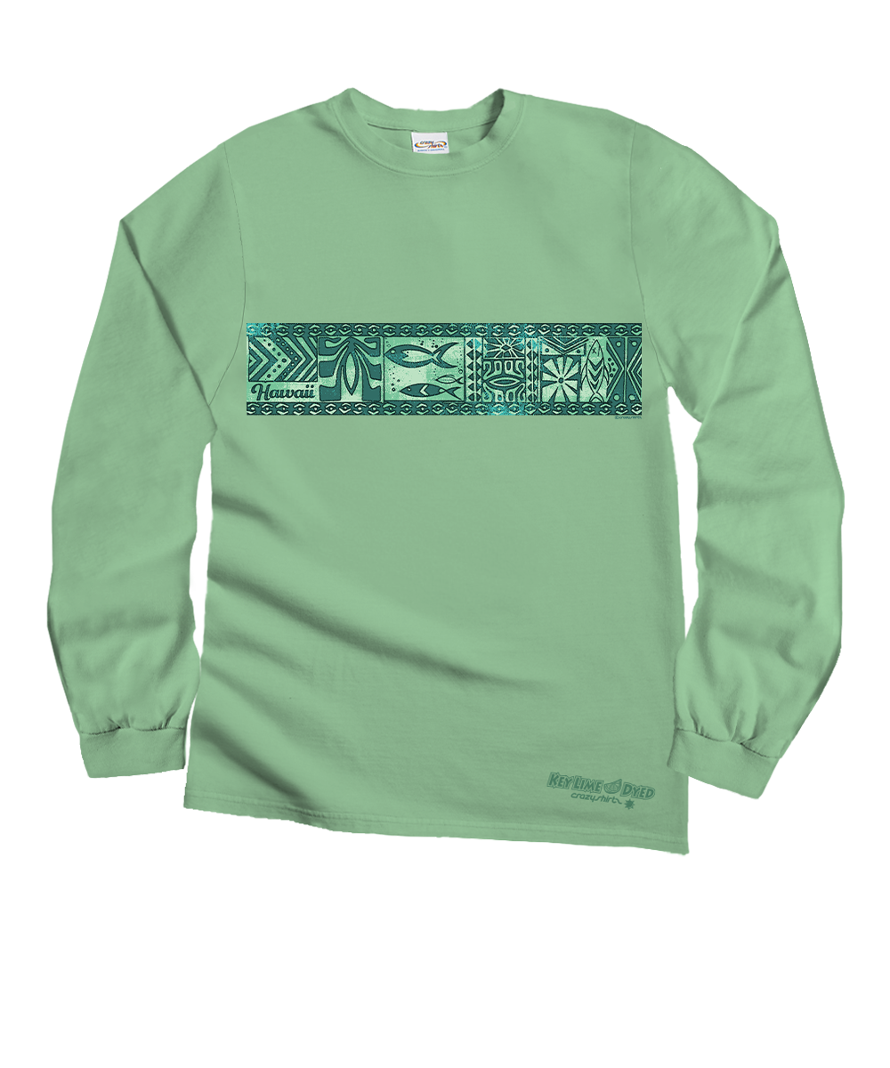 Green long-sleeve shirt with a pattern on a white background