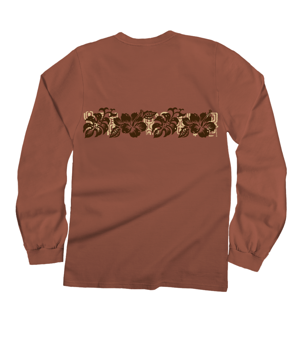 Rusty brown long-sleeve shirt with a floral band design on the back against a white background View 4