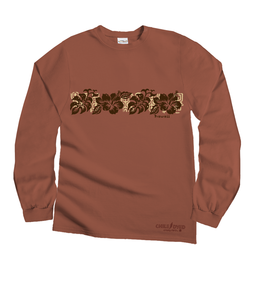 Rusty brown long-sleeve shirt with floral band design on a white background View 1