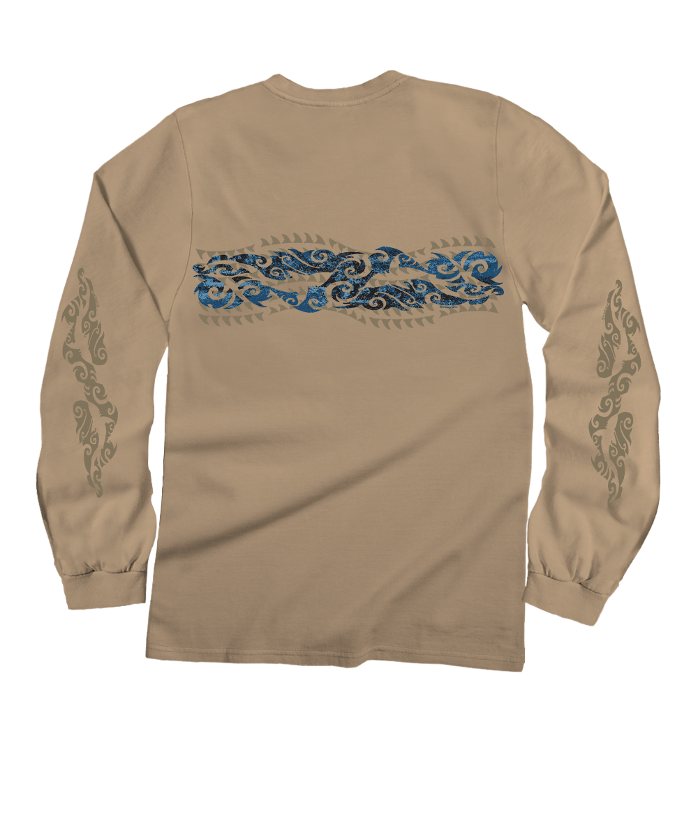 Beige long-sleeve shirt with blue tribal design on the back with patterned sleeves against a white background View 4