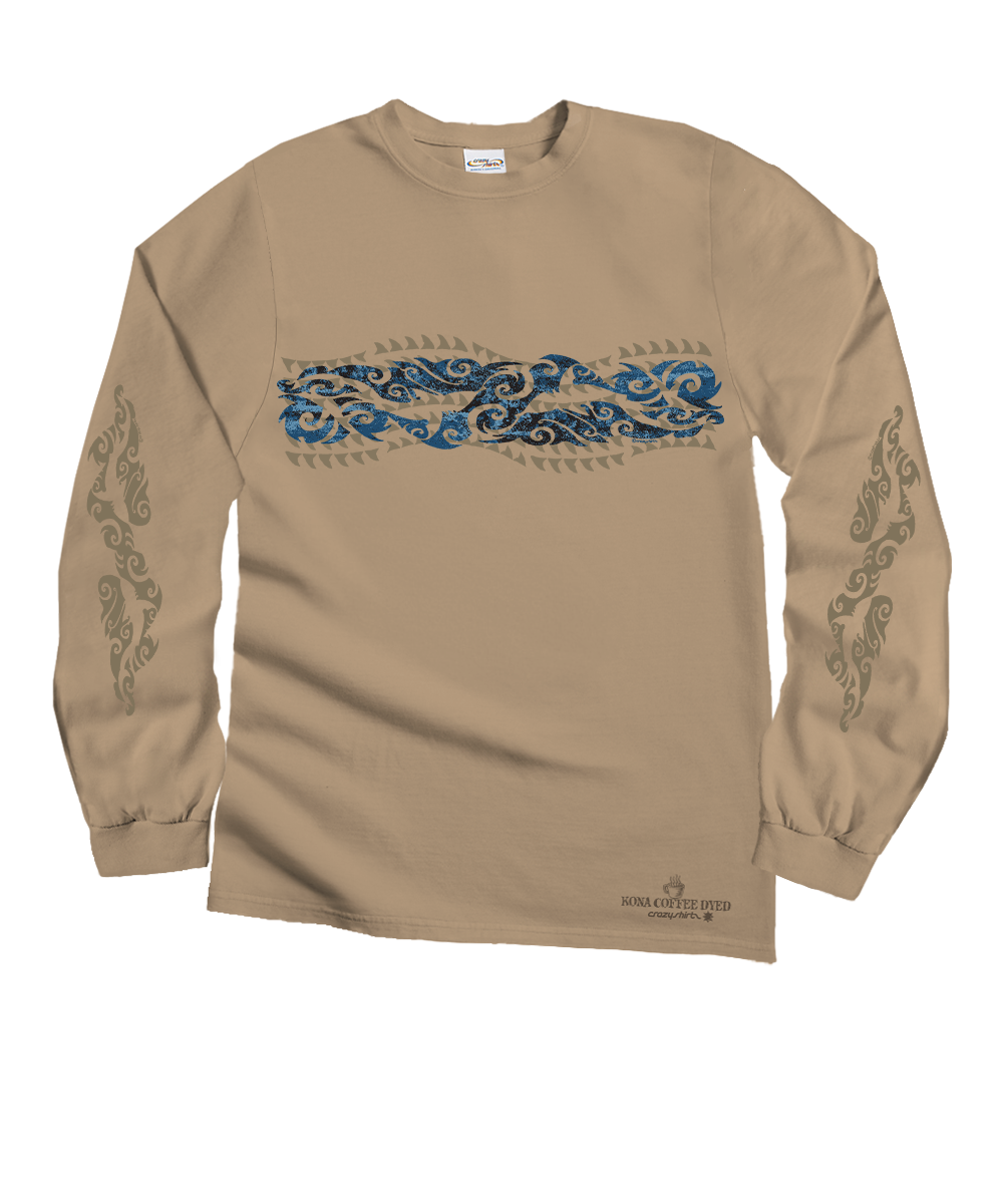 Beige long-sleeve shirt with blue and black tribal design across the front and patterned sleeves on a white background View 1