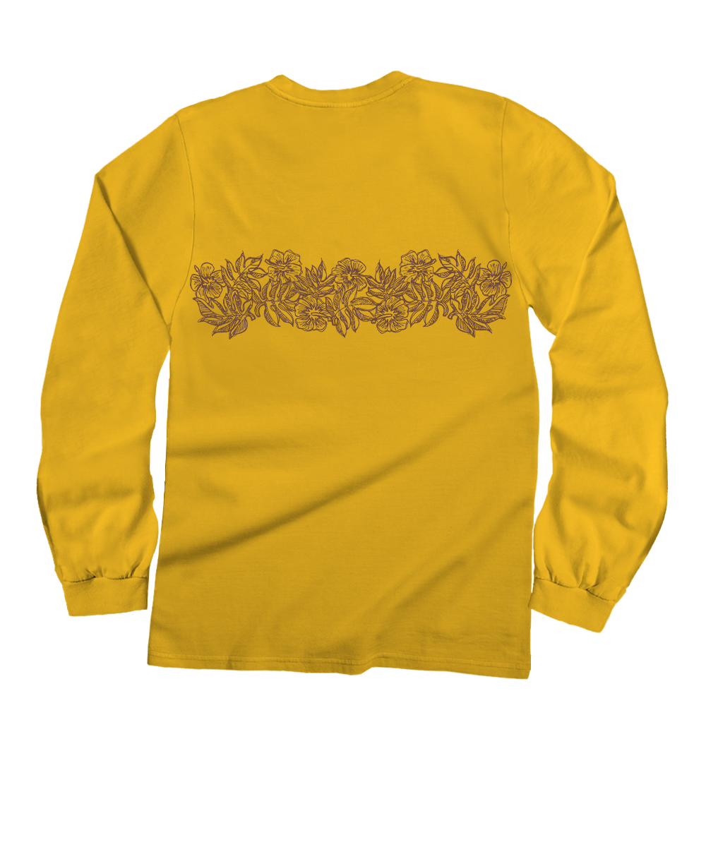 Yellow long-sleeve shirt with floral design on the back against a white background View 4