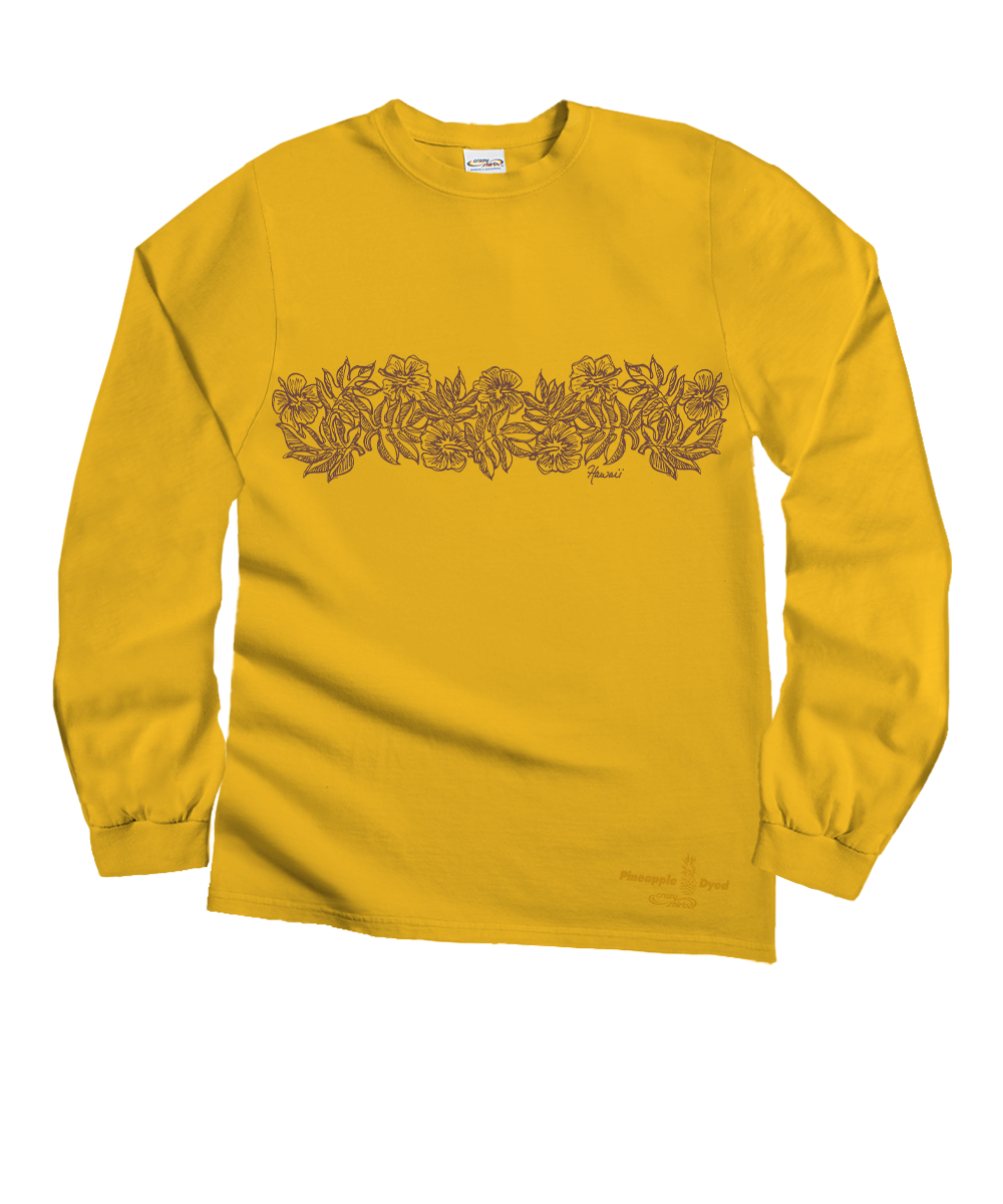 Yellow long-sleeve shirt with a floral design on a white background View 1
