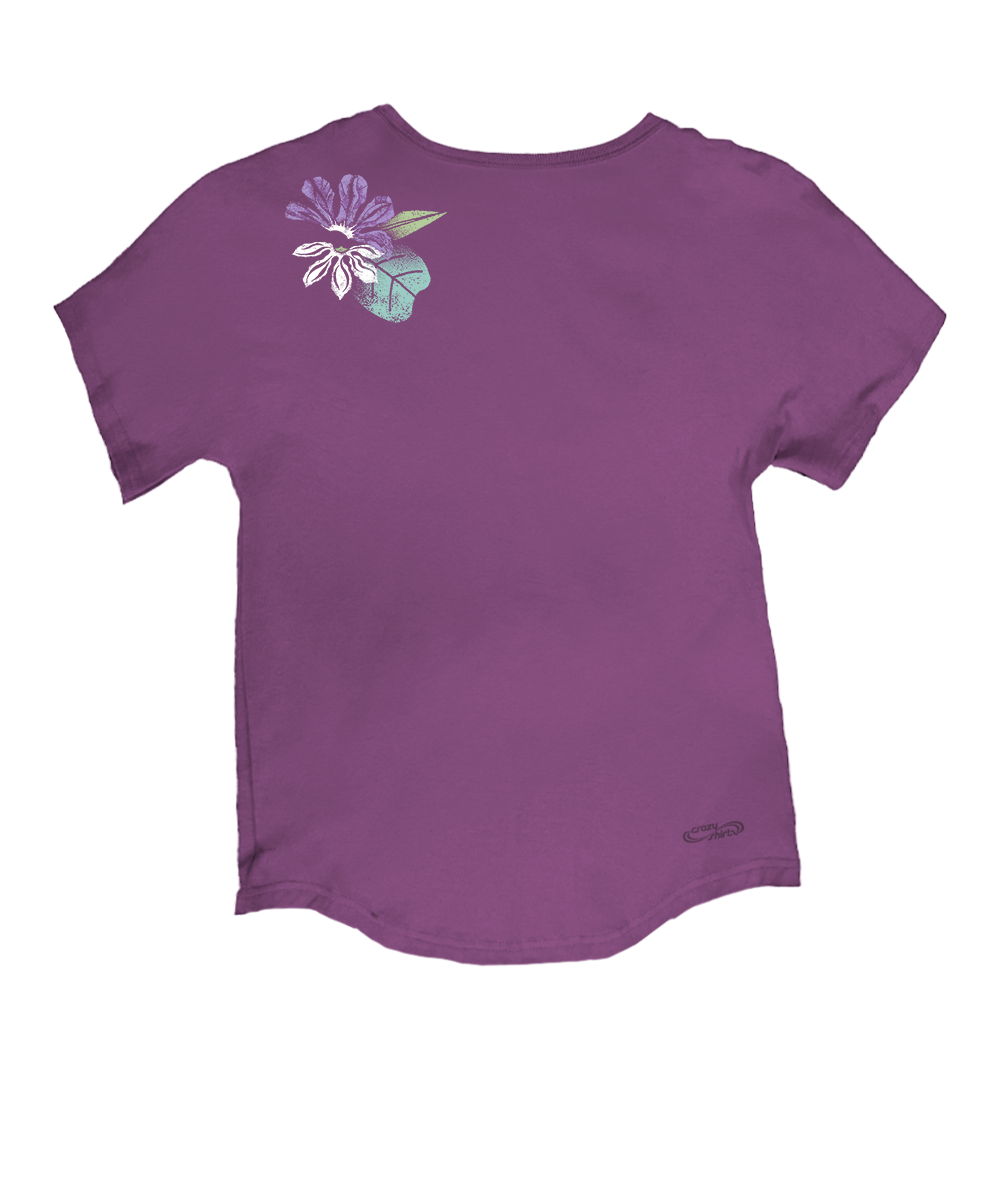Purple t-shirt with a floral design on the back against a white background View 4