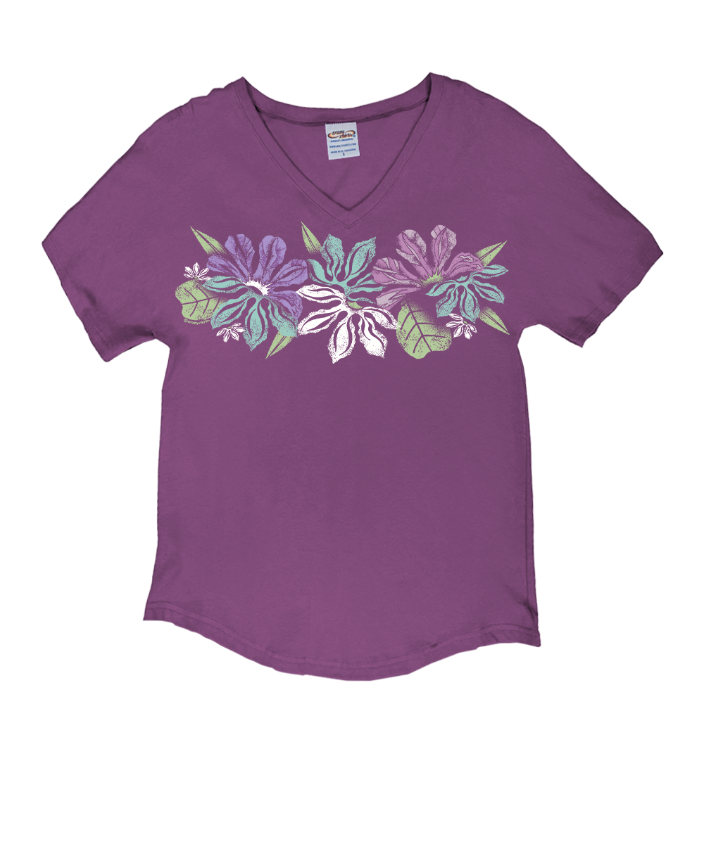 Purple t-shirt with floral design on a white background View 1