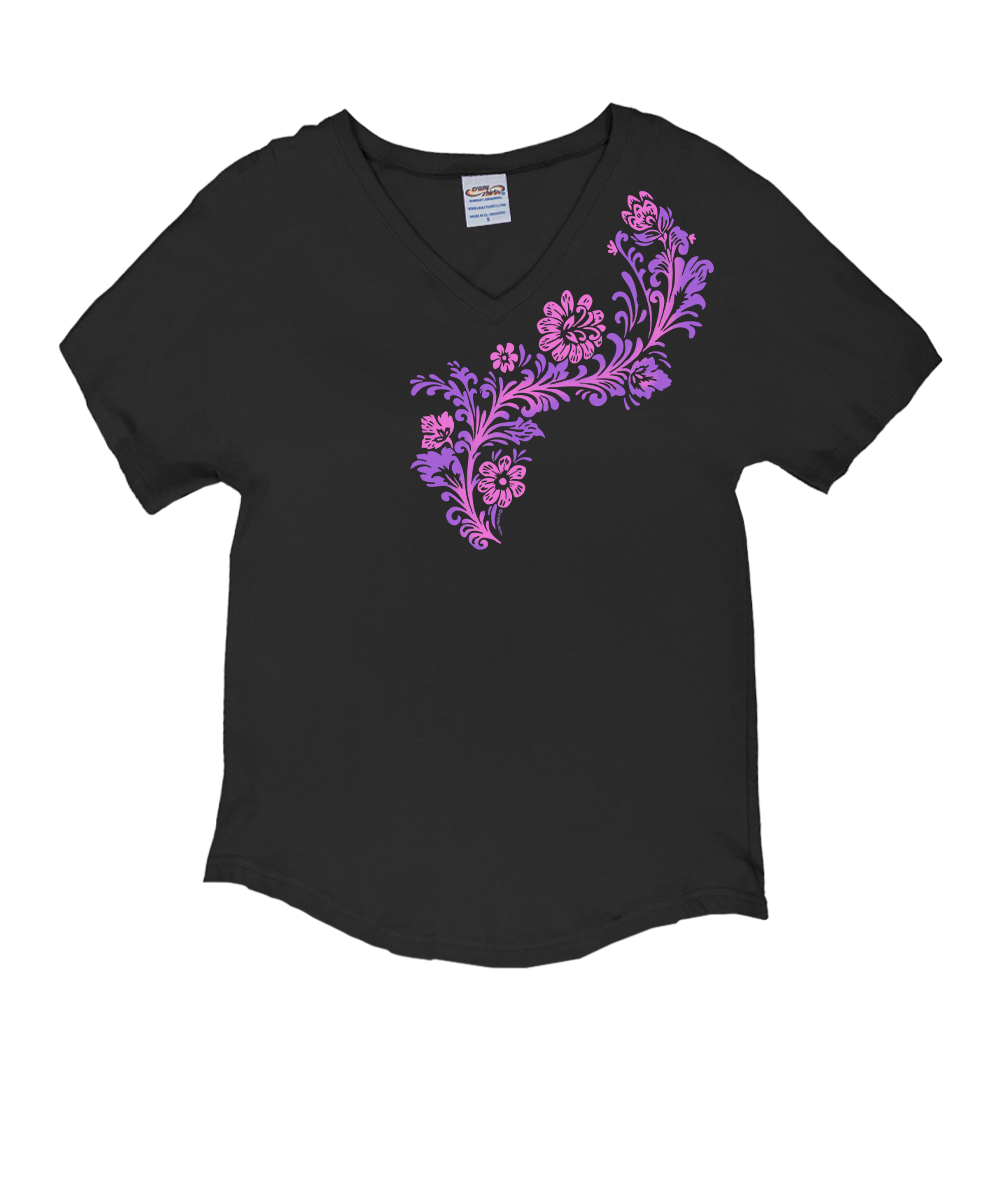 Black t-shirt with a purple floral design on a white background View 1