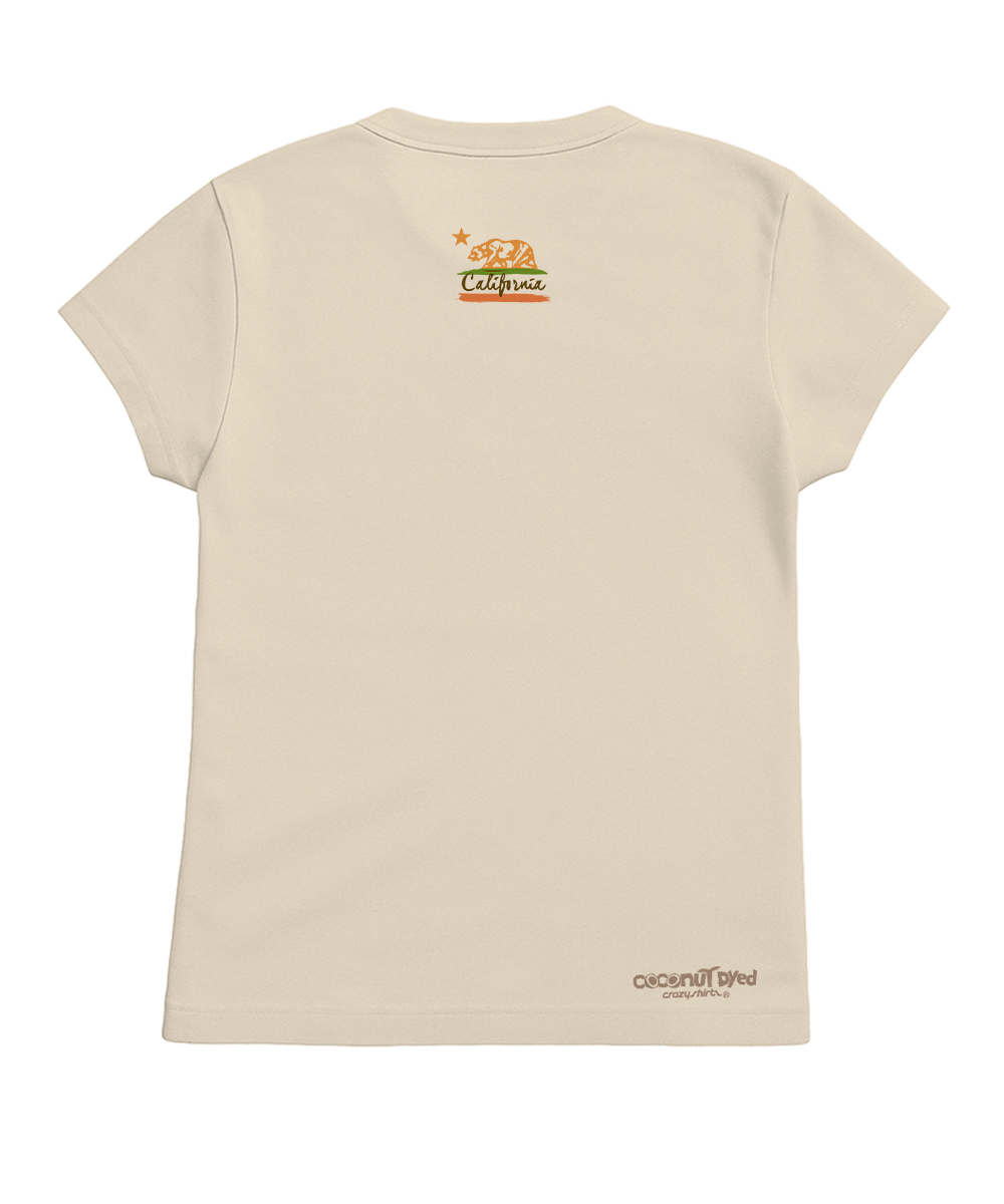 Beige t-shirt with a logo on the back against a white background View 4