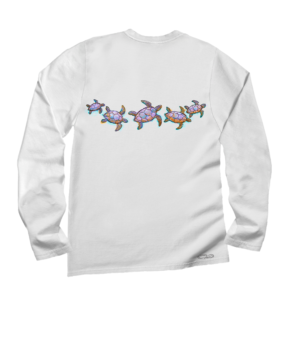 White long-sleeve shirt with colorful turtle design on a white background View 4