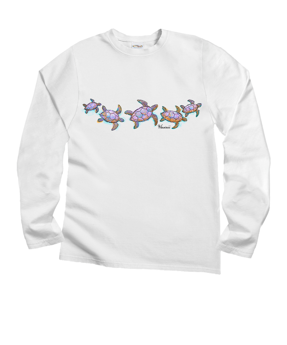 White long-sleeve shirt with colorful turtle design on a white background View 1