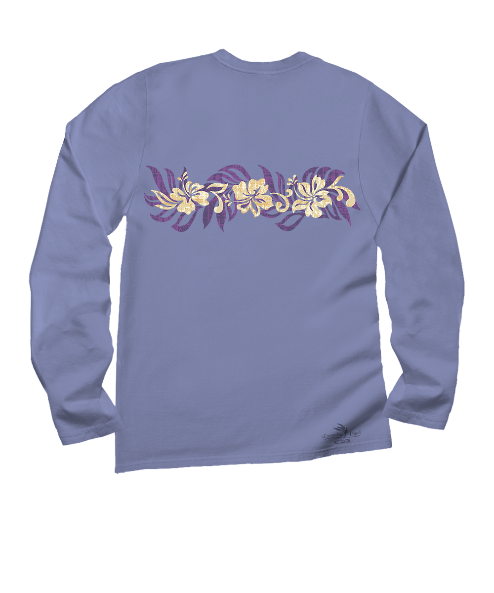 Purple long-sleeve shirt with floral design on the back against a white background View 4