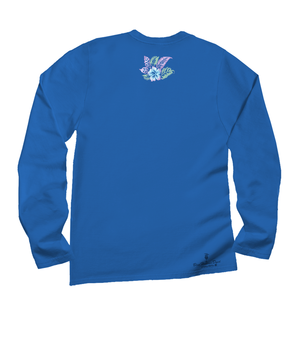 Blue long-sleeve shirt with a butterfly design on the back against a white background View 4