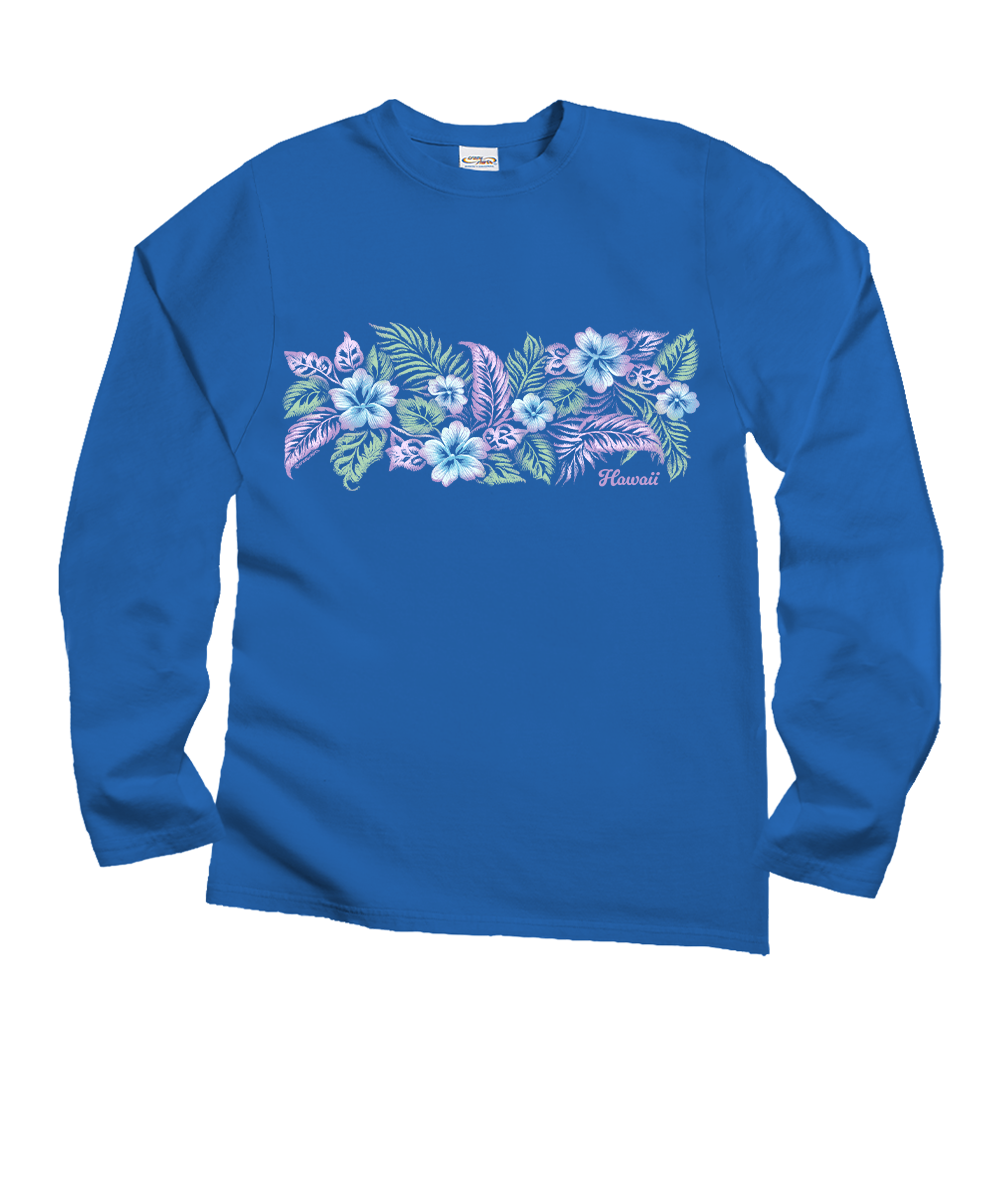 Blue long-sleeve shirt with floral design on a white background View 1