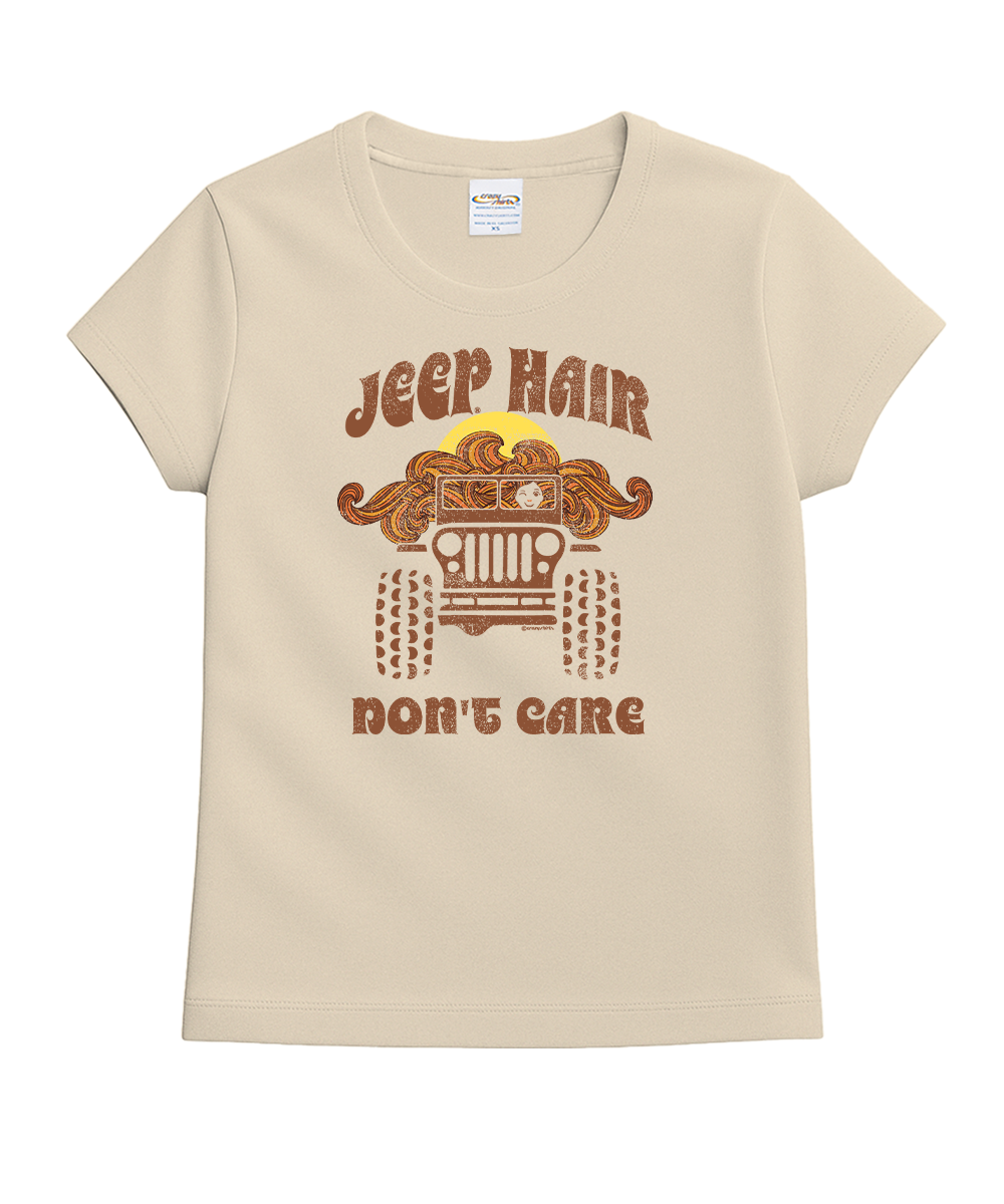 Beige t-shirt with 'Jeep Hair Don't Care' graphic design on a white background View 1