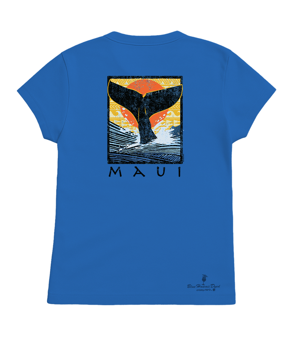Blue t-shirt with a whale tail graphic and 'MAUI' text on a white background View 1
