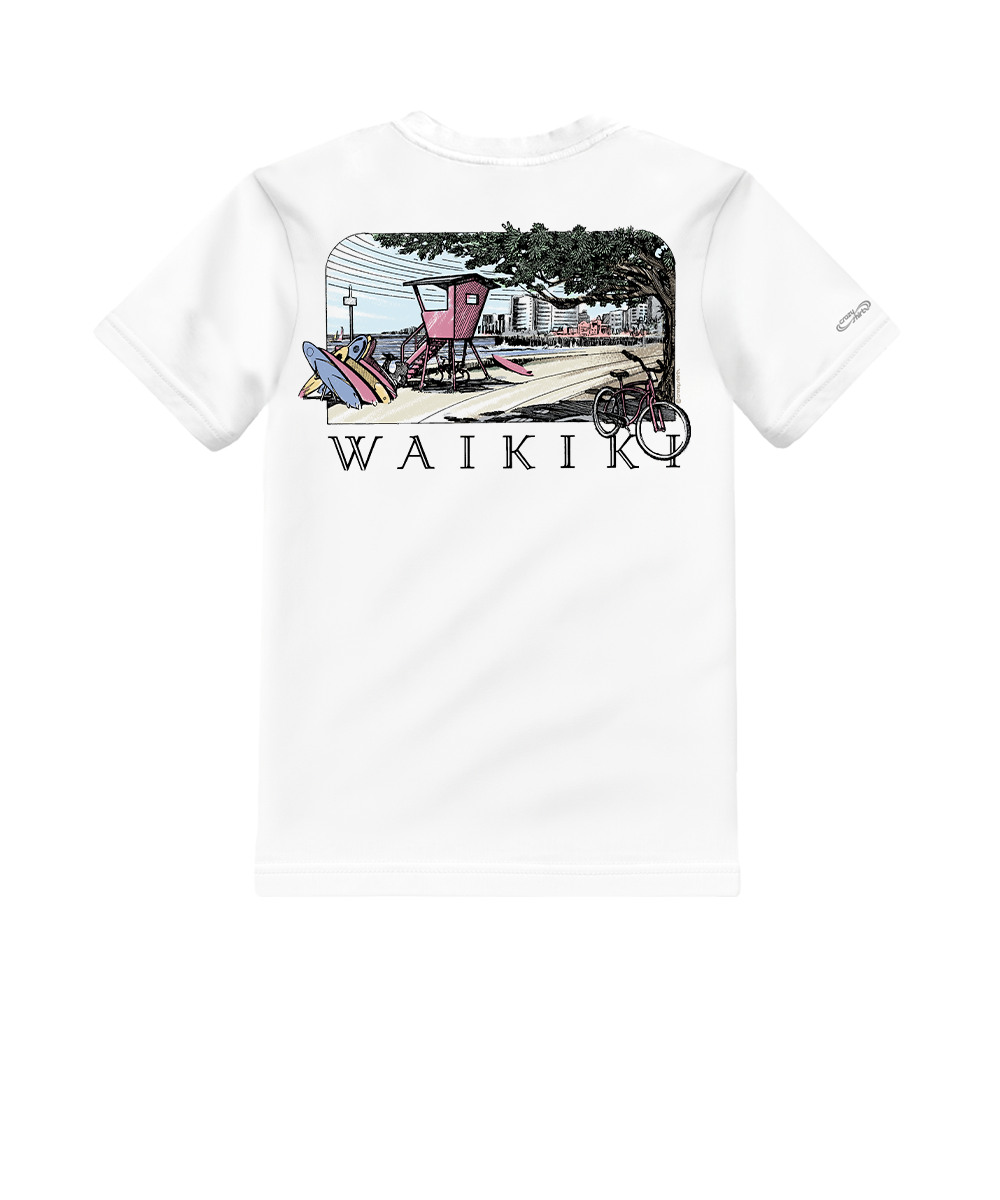 White t-shirt with a graphic of a beach scene and 'Waikiki' text on a white background View 1