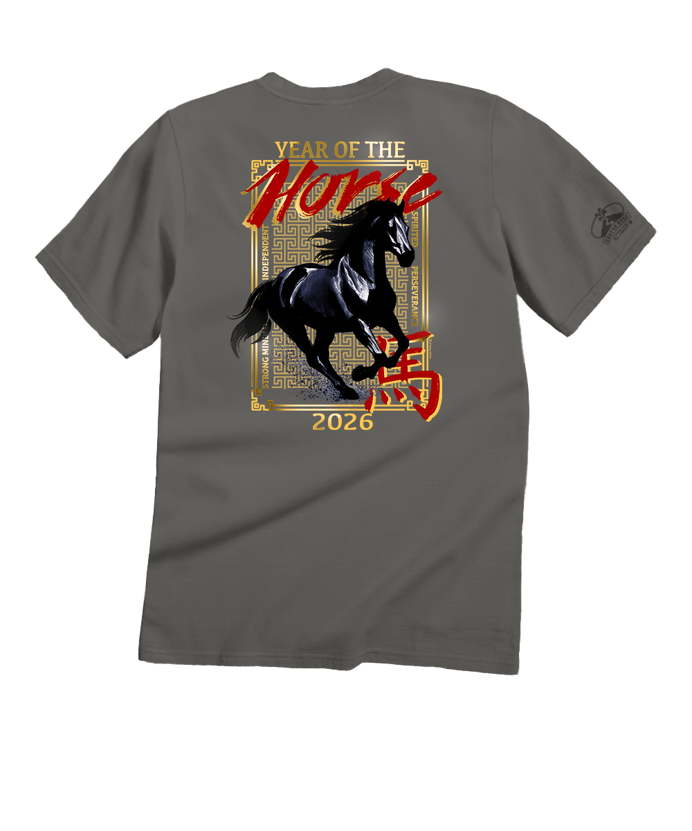 Gray t-shirt with a horse graphic and text on the back, featuring the 'Year of the Horse 2026' design on a white background.