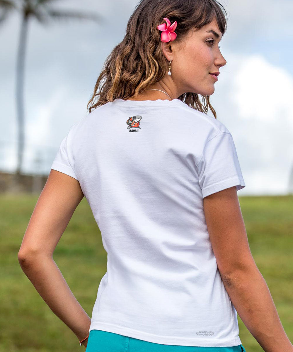 Woman wearing a white t-shirt with a logo, outdoors with blurred background View 3