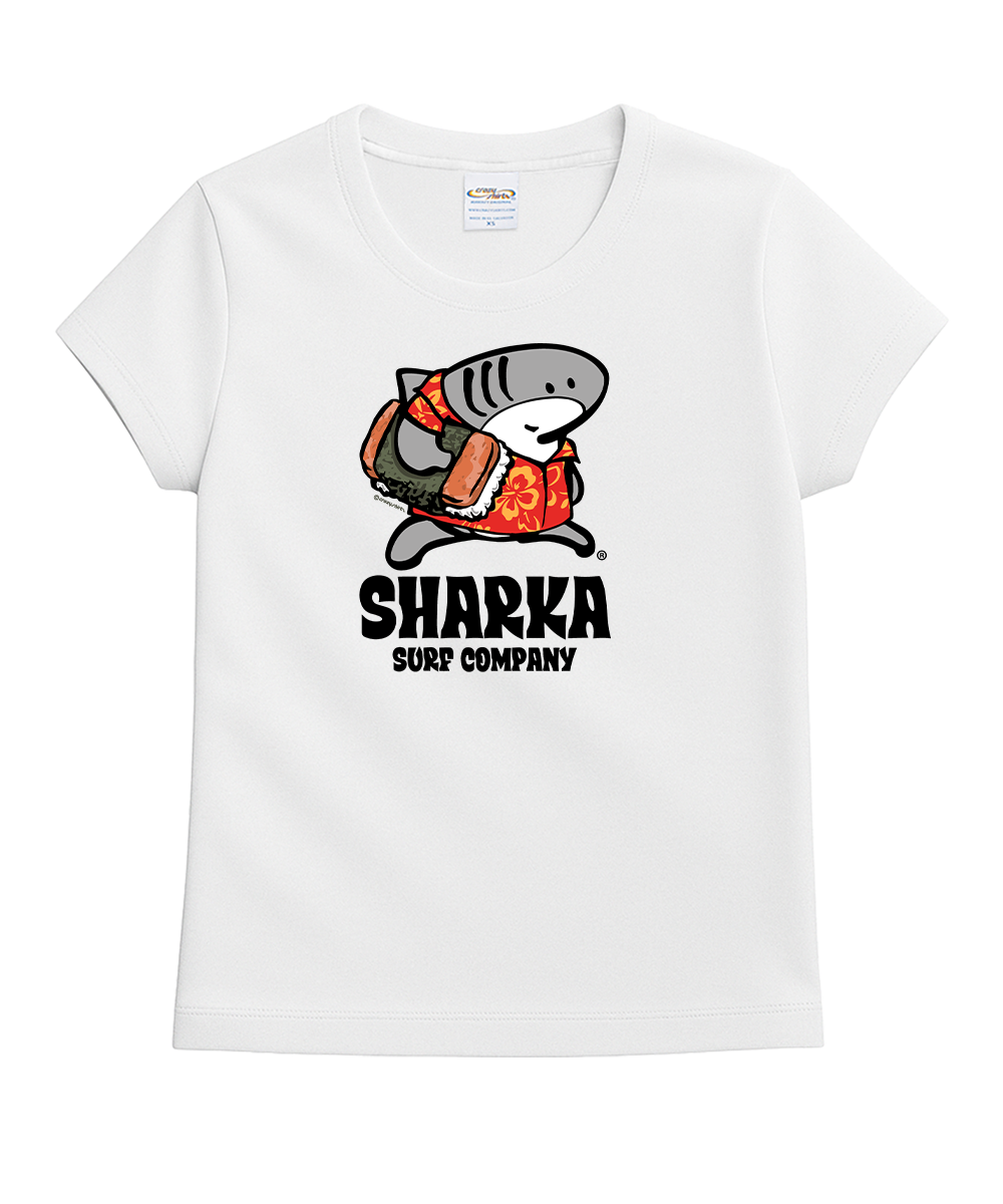 White t-shirt with a cartoon shark wearing sunglasses and a red bandana, and 'Sharka Surf Company' text on a white background. View 1