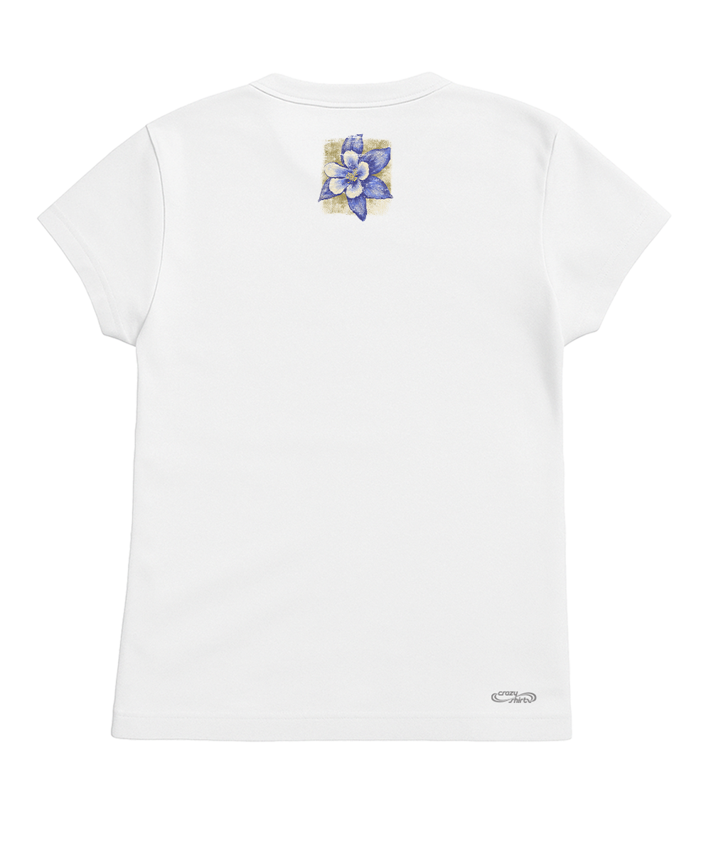 White t-shirt with a colorful flower design on the back against a white background View 4