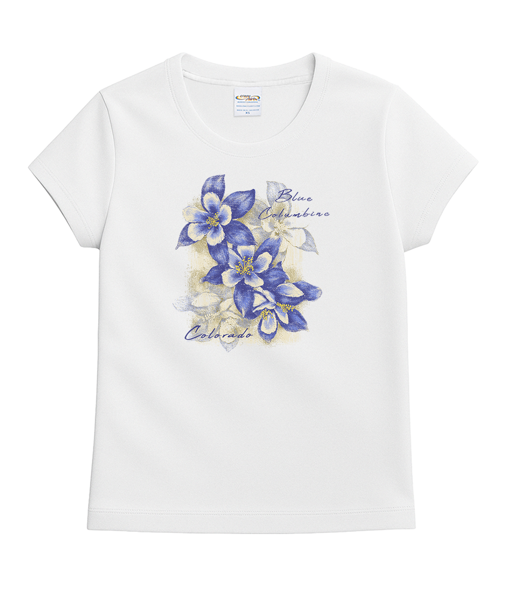 White t-shirt with blue and white floral design and 'Palma de Mallorca' text on a white background View 1