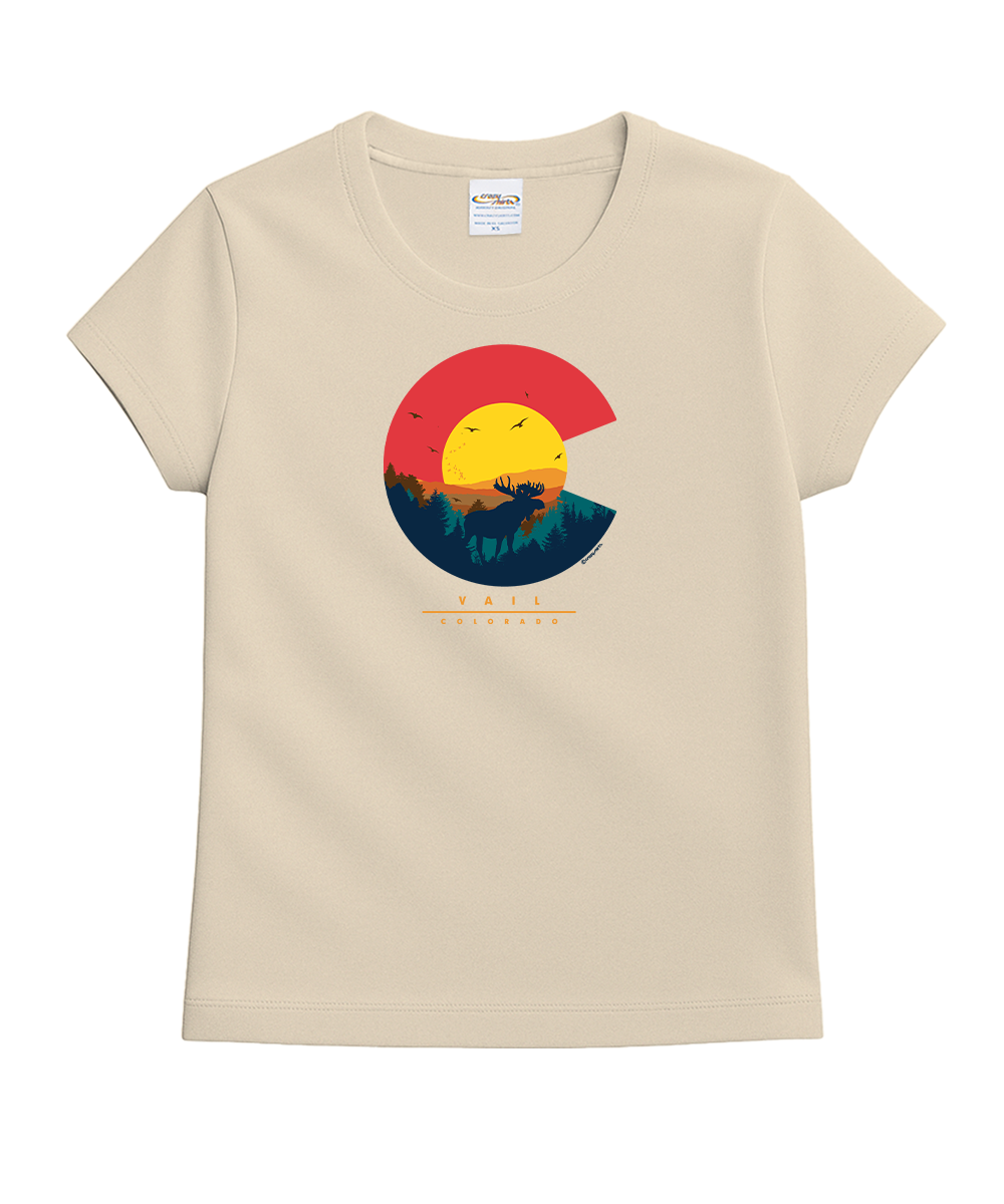 Beige t-shirt with a colorful graphic design on a white background View 1