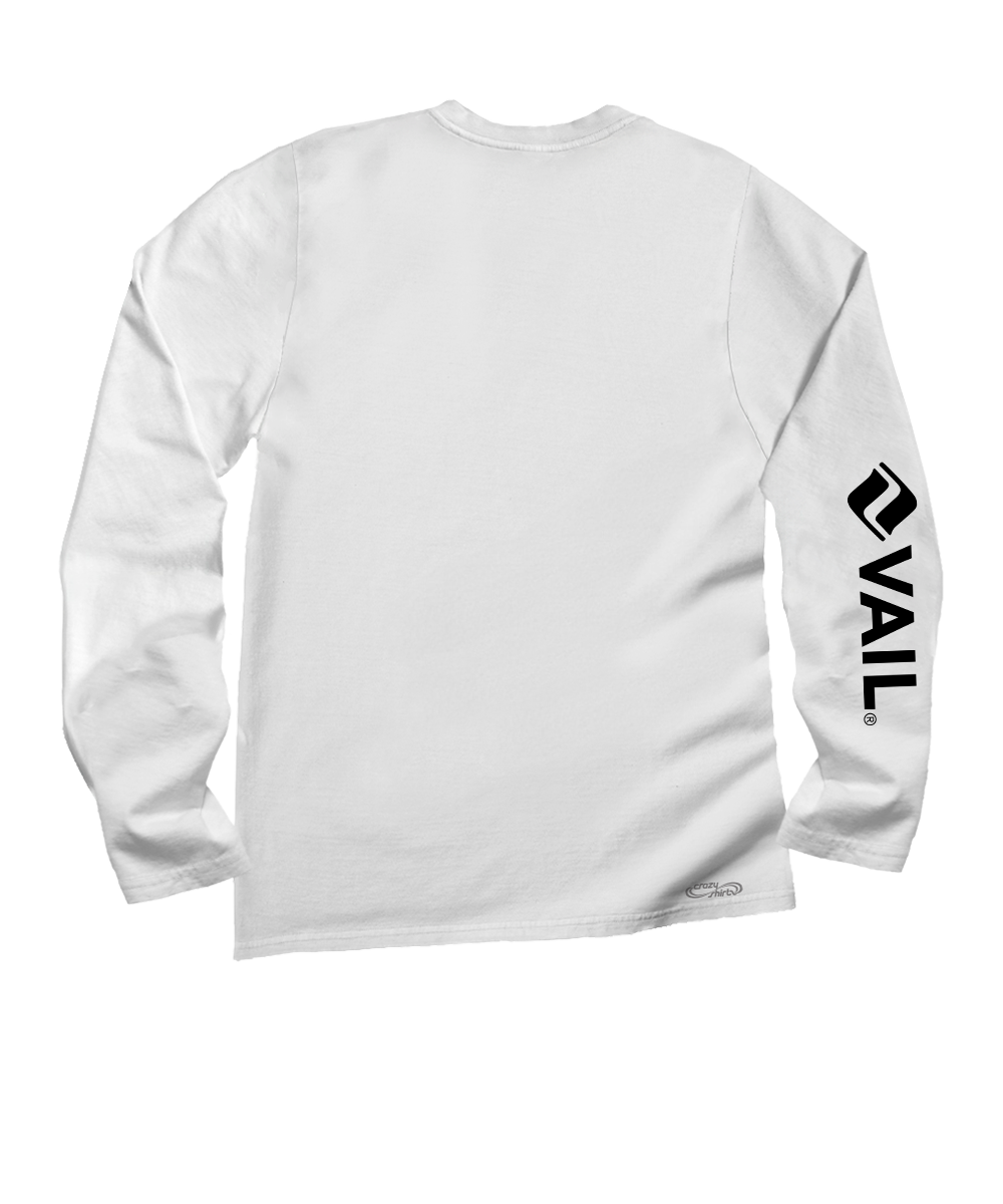 White long-sleeve shirt with 'Vail' logo on sleeve against a white background View 4
