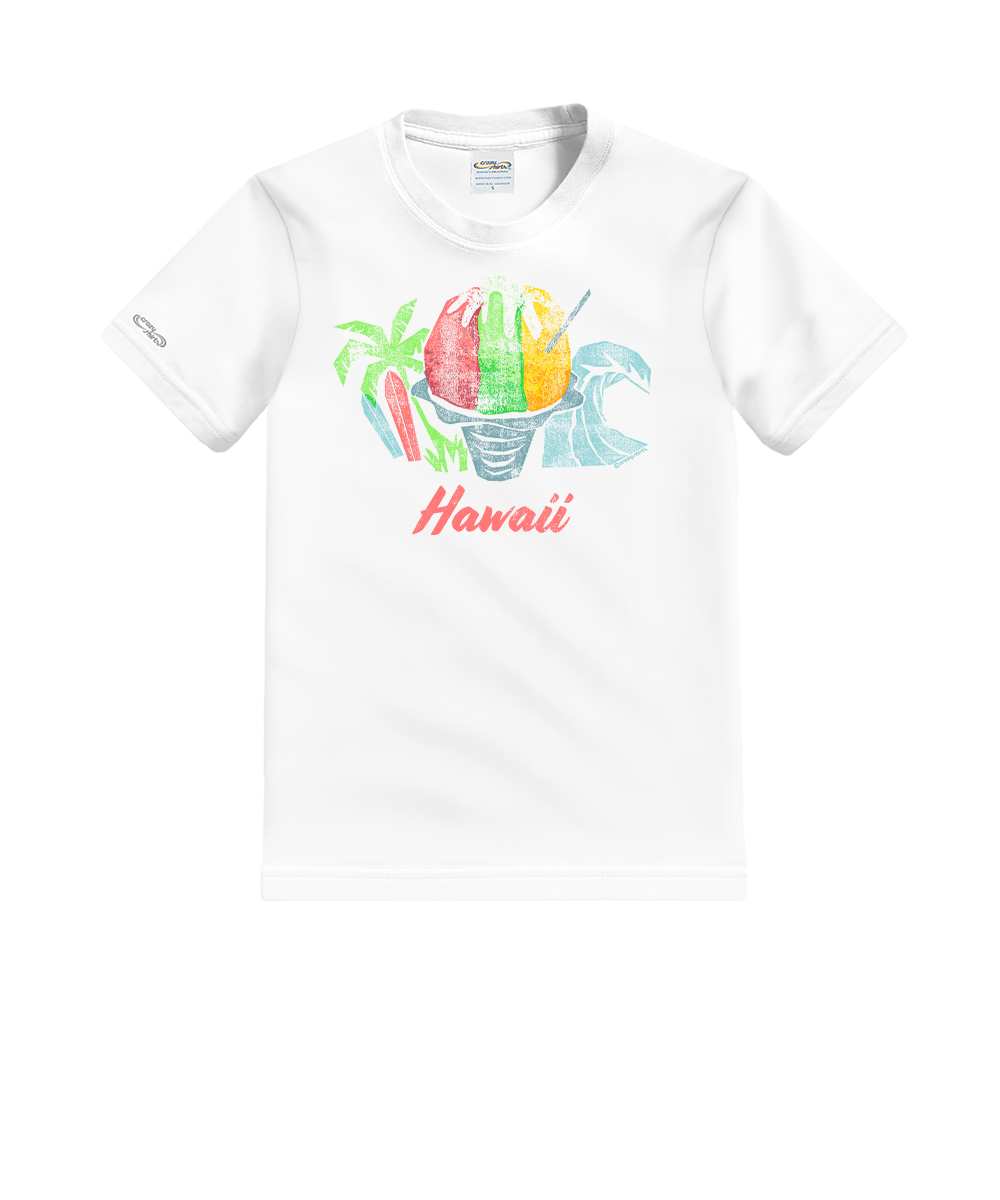 White t-shirt with a colorful graphic and 'Hawaii' text on a white background View 1