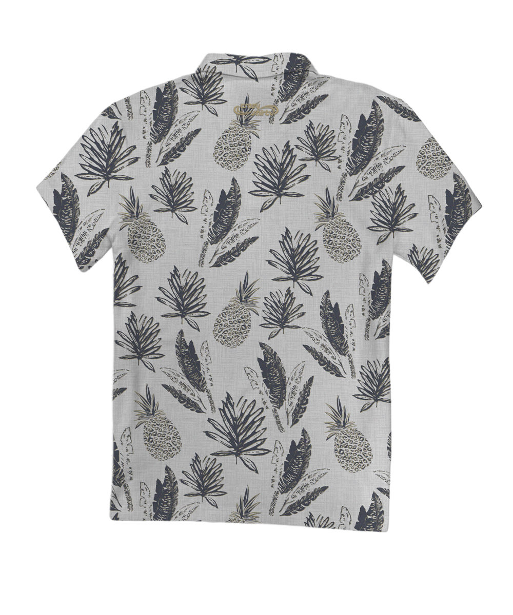Short-sleeve white polo shirt with pineapple and leaf pattern on a white background View 4