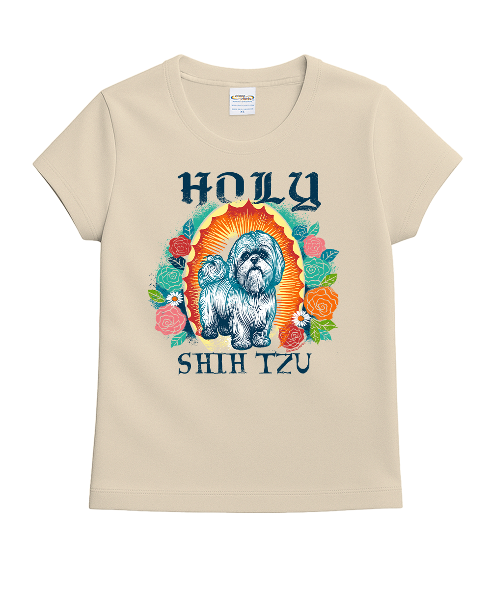 Beige t-shirt with a colorful graphic of a Shih Tzu dog and floral design on a white background View 1