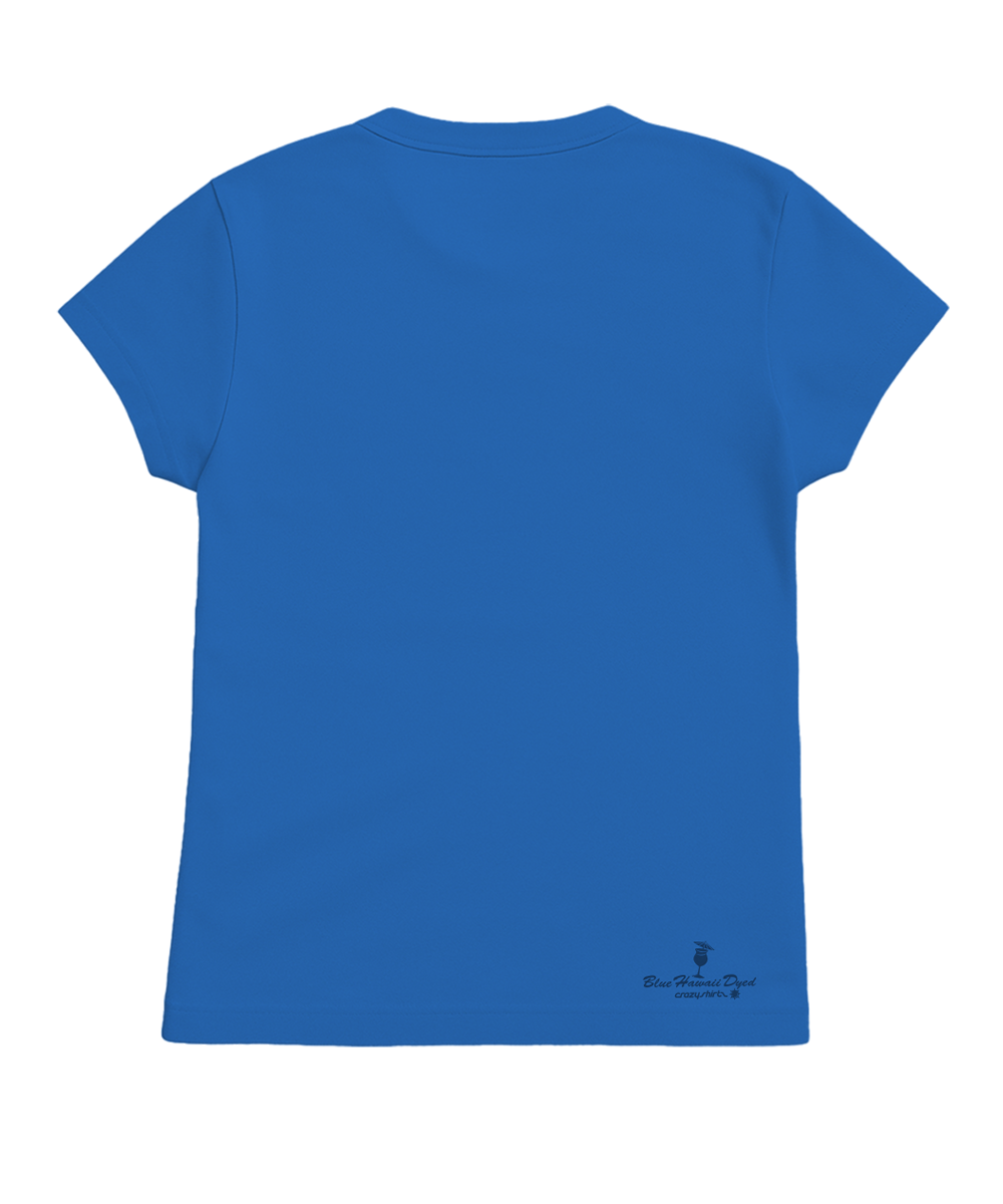Blue t-shirt with a logo on the back against a white background View 4