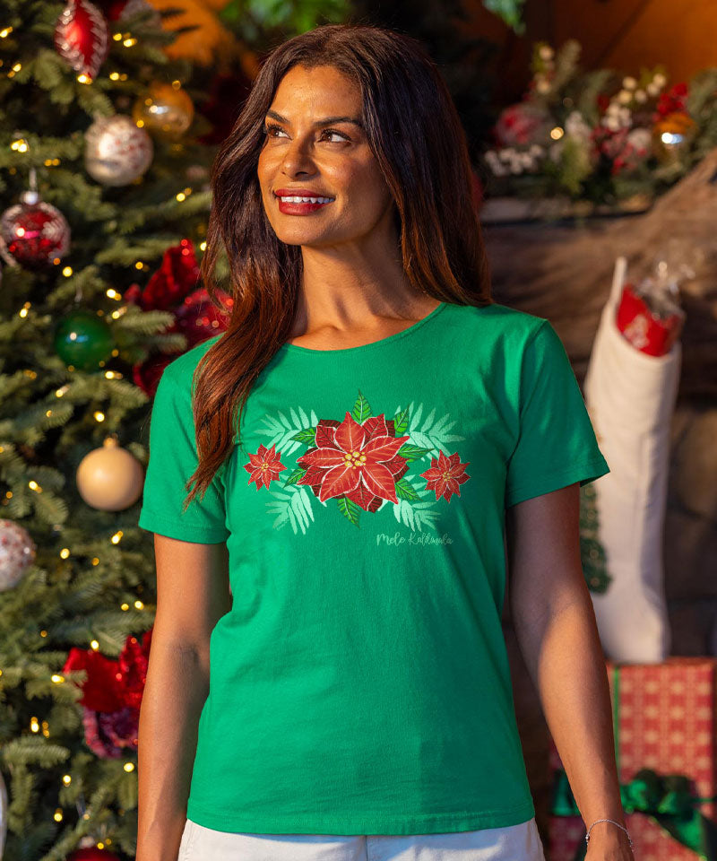 Poinsettia Pretty - Christmas Green Short Sleeve Scoop Neck T-Shirt