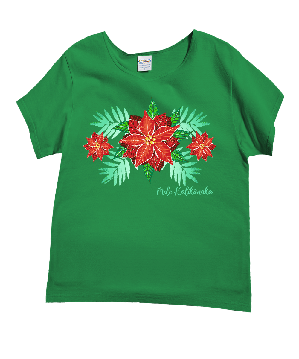 Poinsettia Pretty - Christmas Green Short Sleeve Scoop Neck T-Shirt