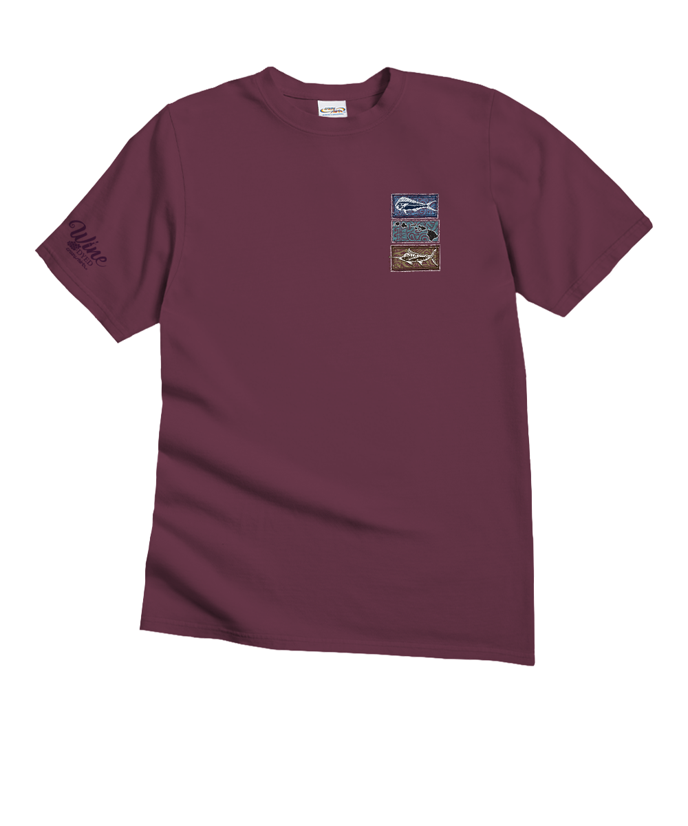 Maroon t-shirt with a small graphic on the chest against a white background View 4