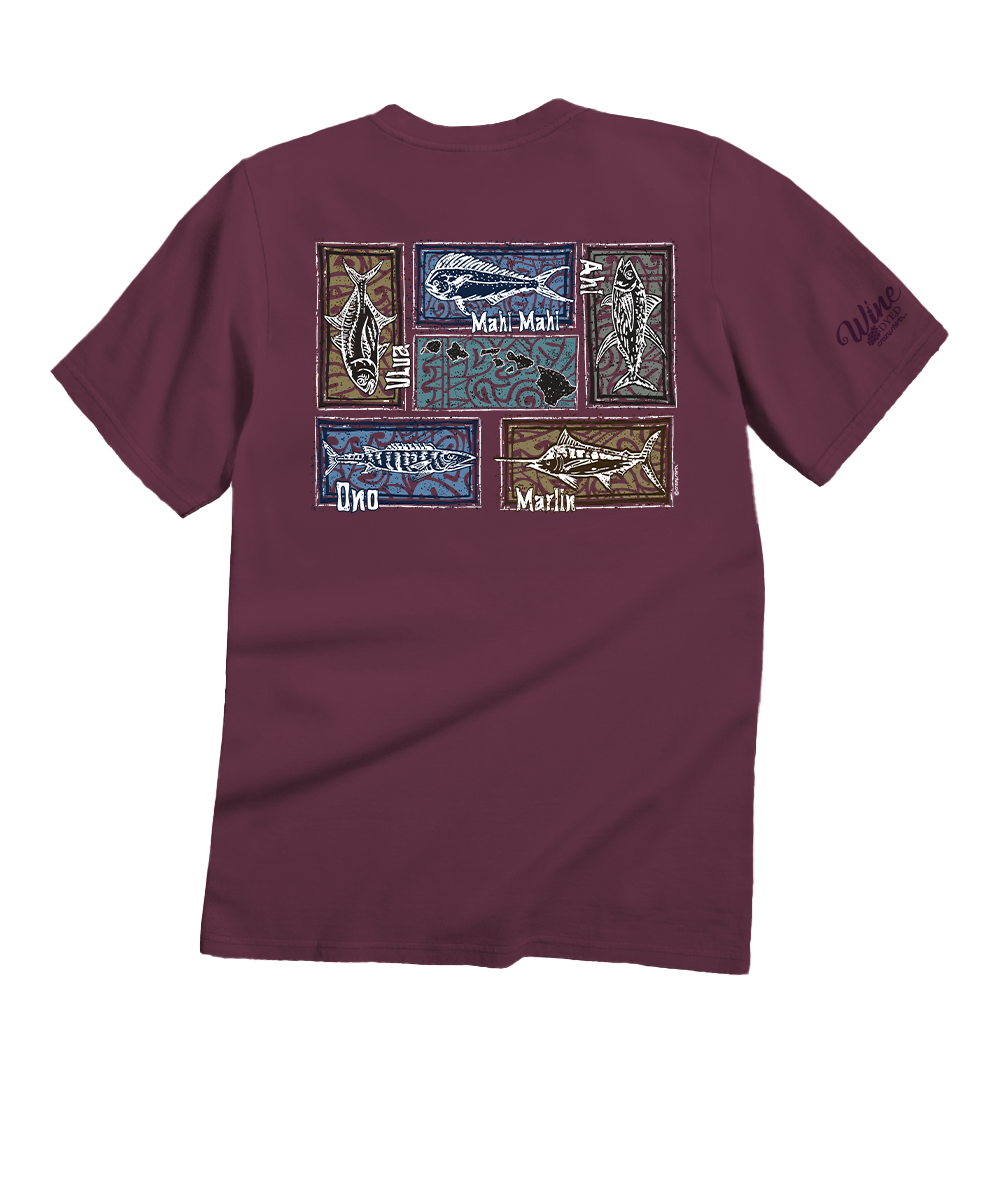 Maroon t-shirt with graphic designs on the back against a white background View 1