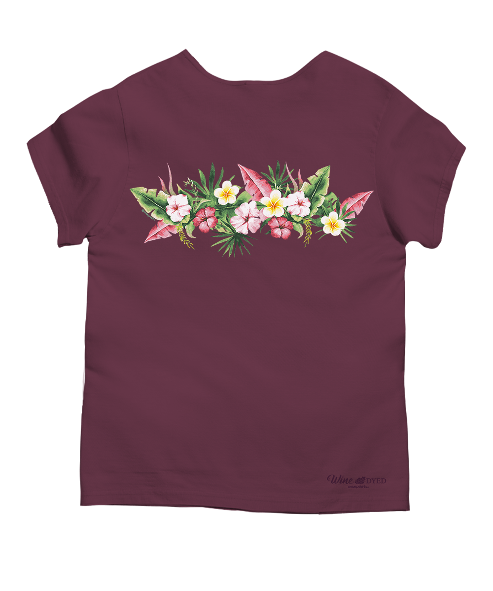 Maroon t-shirt with floral design on a white background View 4