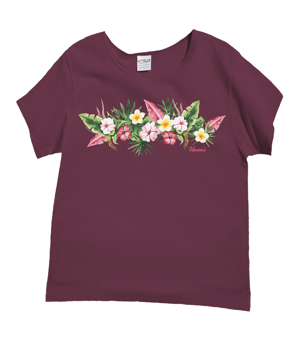Maroon t-shirt with floral design on a white background View 1