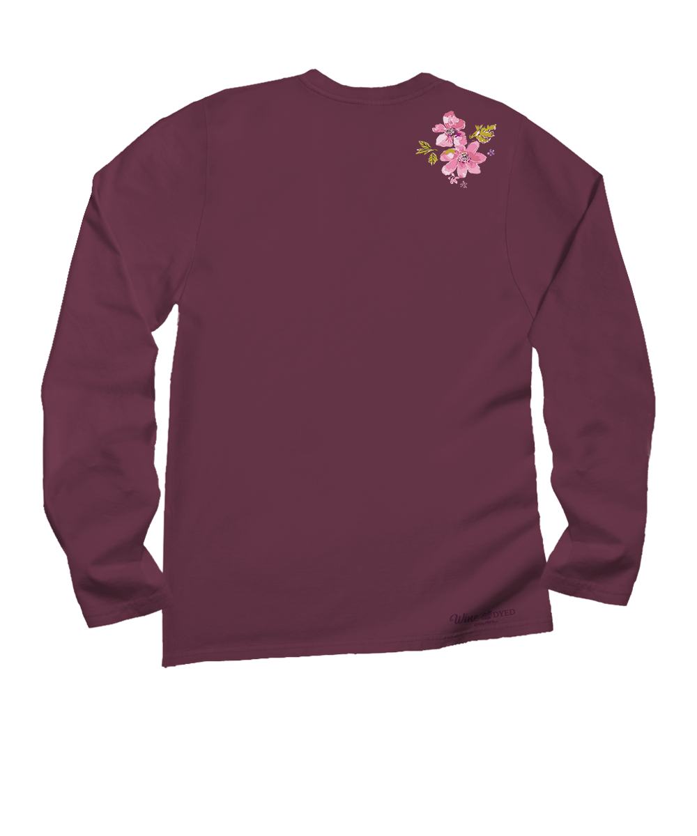Maroon long-sleeve shirt with floral design on the back against a white background View 4