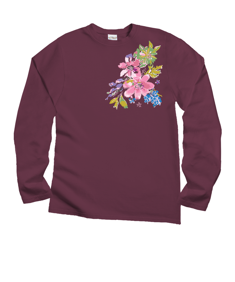 Maroon long-sleeve shirt with floral design on a white background View 1