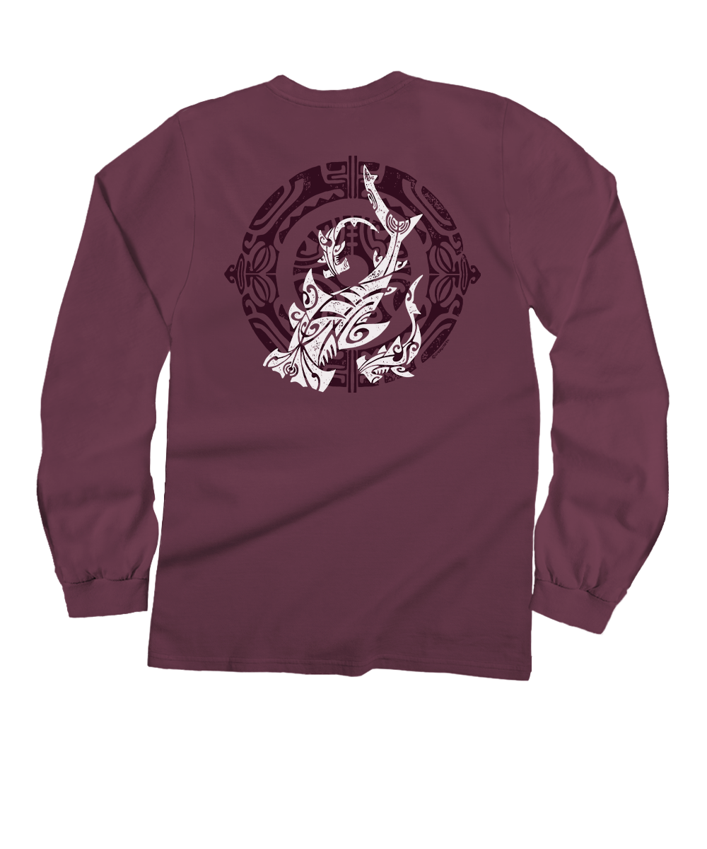Maroon long-sleeve shirt with a shark graphic design on the back against a white background View 1