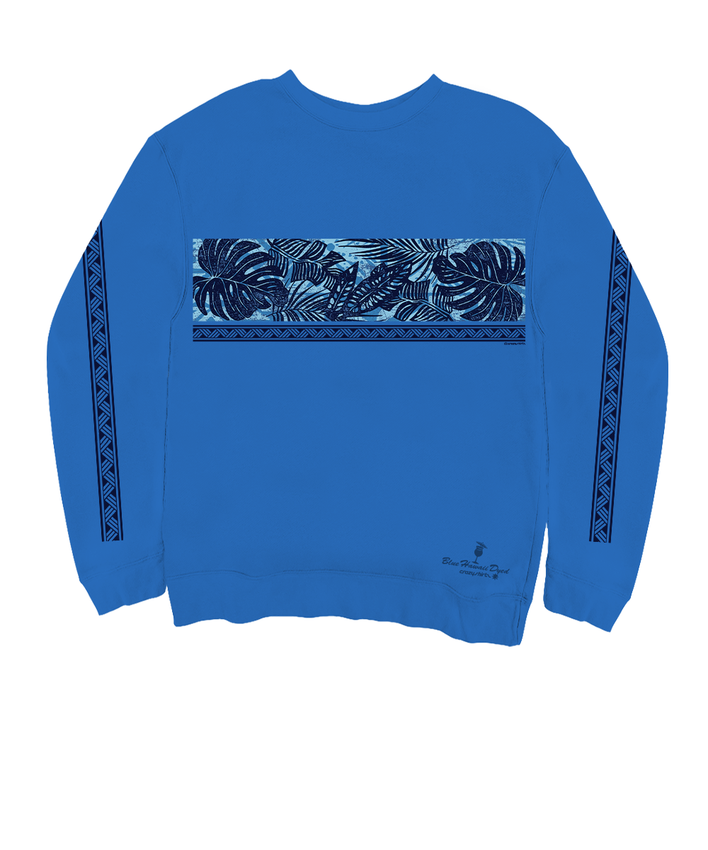 Blue sweatshirt with leaf pattern on a white background View 1