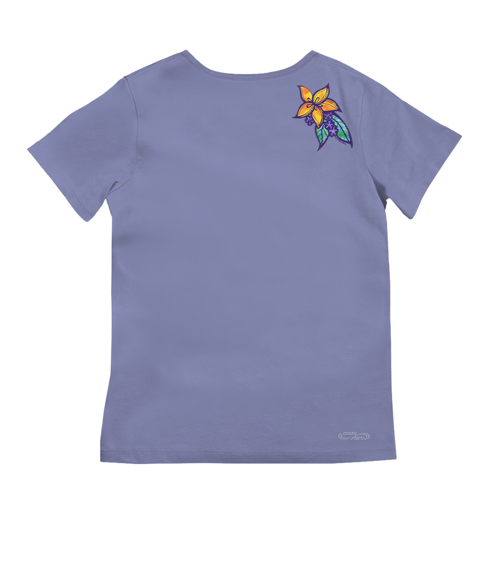 Purple t-shirt with a colorful flower design on the back against a white background View 4